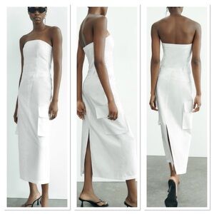 Zara White Strapless Cotton Combat Style Pockets Summer Midi Dress Sz M